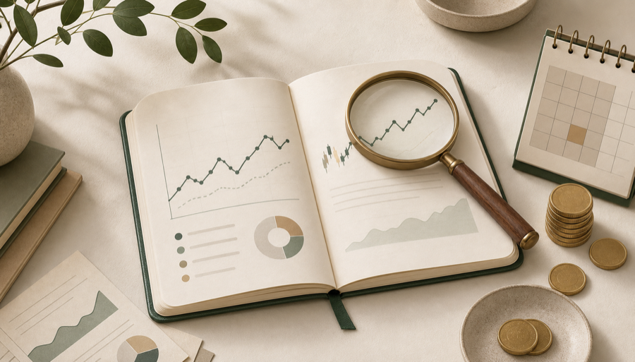 Notebook with abstract charts, coins, calendar, and magnifying glass.